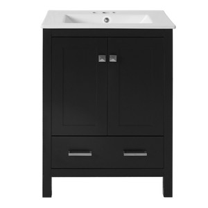 Vynxaria 24-Inch Bathroom Vanity - Integrated Undermount Ceramic Sink, 2 Soft-Close Doors (Double-Layer Shelves), 1 Divider Drawer£¬ Black - 1 of 4