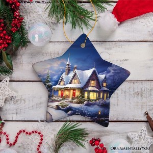 Glowing Winter Night Painting Ceramic Ornament, Warm and Inviting Christmas Tree Decor| OrnamentallyYou - 1 of 4