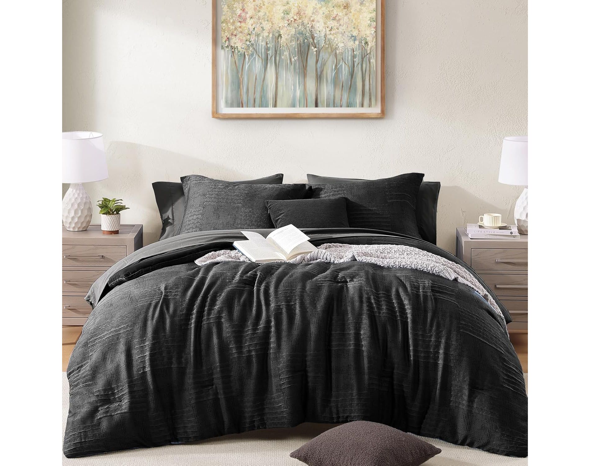 BALHAM TRADE-7 Piece Charcoal Grey King Comforter Set, Textured Design Grey Crinkle Bed in A Bag