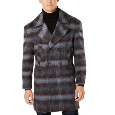 I.N.C International Concepts Mens Grunge Plaid Top Coat, Black, Small