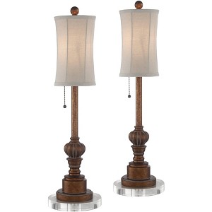 Regency Hill Traditional Buffet Table Lamps 28" Tall Set of 2 with Round Risers Brown Fabric Drum Shade Bedroom Living Room - 1 of 4