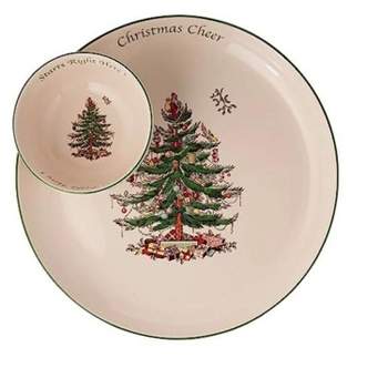 Spode Christmas Tree 2 Piece 12.5 Inch Chip & Dip, Stoneware Serving Plate with Dip Bowl for Appetizers, Side Dishes and Holiday Treats