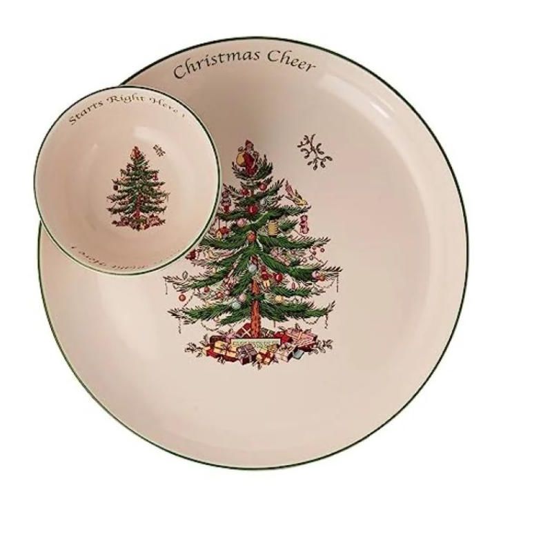 Spode Christmas Tree 2 Piece 12.5 Inch Chip & Dip, Stoneware Serving Plate with Dip Bowl for Appetizers, Side Dishes and Holiday Treats, 1 of 5