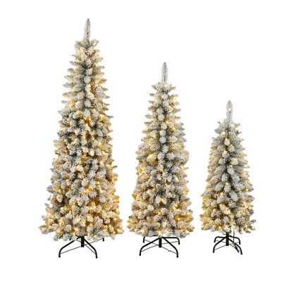 Resenkos 3-Piece Flocked Artificial Christmas Tree Set, Pre-Lit Snow-Covered Trees in 4ft, 5ft, and 6ft Sizes, Green and White