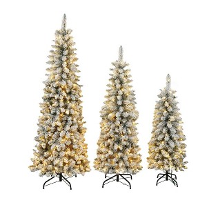 Resenkos 3-Piece Flocked Artificial Christmas Tree Set, Pre-Lit Snow-Covered Trees in 4ft, 5ft, and 6ft Sizes, Green and White - 1 of 4