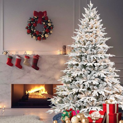 TIRAMISUBEST 6FT Flocked Christmas Tree with Branch Tips LED Lights Outdoor Indoor Holiday Decor