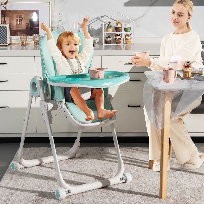 Infans Baby High Chair Foldable Feeding Chair w/ 4 Lockable Wheels Green, 2 of 8