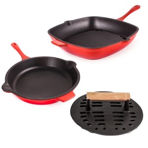 BergHOFF Neo 3Pc Cast Iron Cookware Set, Fry Pan 10", Square Grill Pan 11" & Slotted Steak Press - 1 of 4