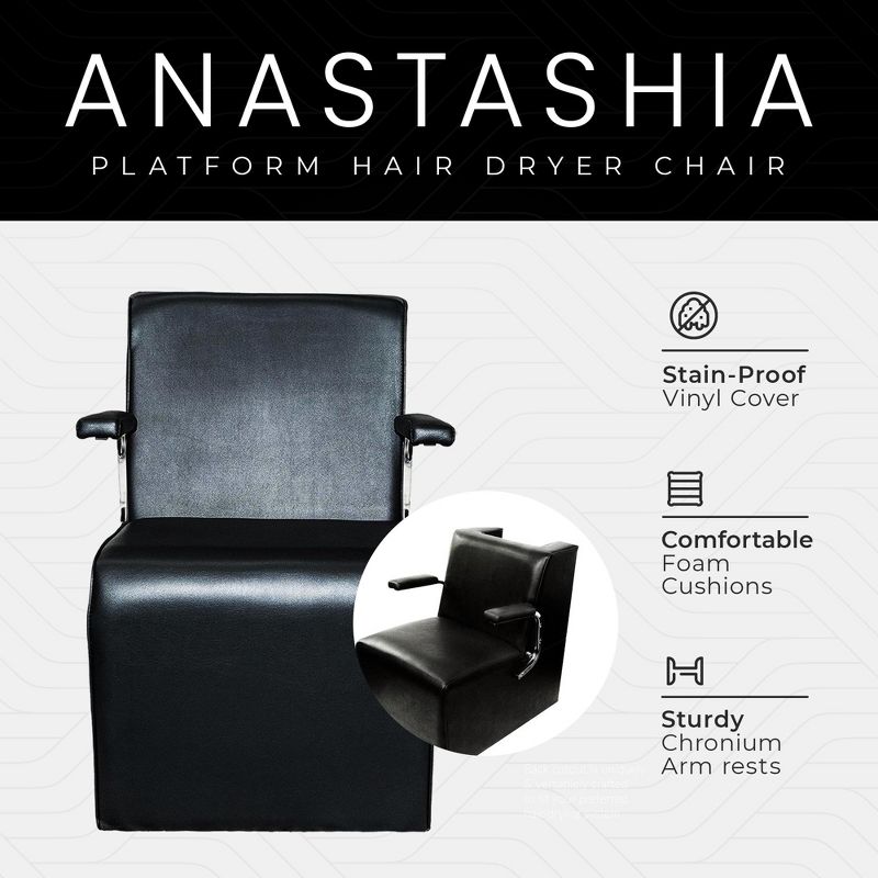 PureSana Chromium Anastasia Vinyl Professional Platform Hair Dryer Chair with Back Cutout for Hair Drying Systems and Steel Handles, Black, 6 of 8