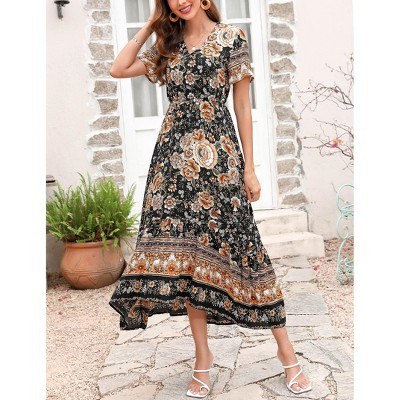 Coolmee Women's Boho  Dress High Waisted Beach Short Sleeve Dress Casual Floral V Neck Maxi Dress