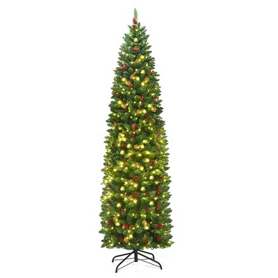 Costway 7.5Ft Pre-lit Hinged Pencil Christmas Tree w/Pine Cones Red Berries & 350 Lights