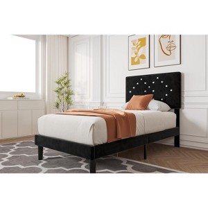 Bed Frame with Button Tufted Headboard, Vevlet Upholstered Platform Bed with Wooden Slats Support, Princess Bed Frame for Girls - 1 of 1