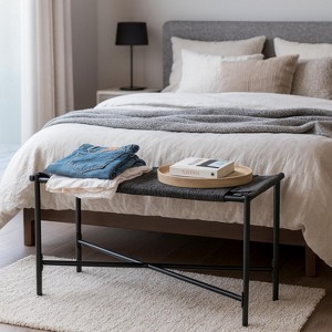 Homy Casa Woven Seat Stool with Metal Frame for Entryway, Bedroom, or Living Room, Black - 1 of 4