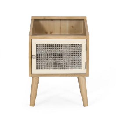 MAXZZZ Modern Wood & Rattan Side Table with Storage – Sleek Glass Top, Compact 16x15x24 Inches, Multi-Functional for Living Room, Bedroom, Office