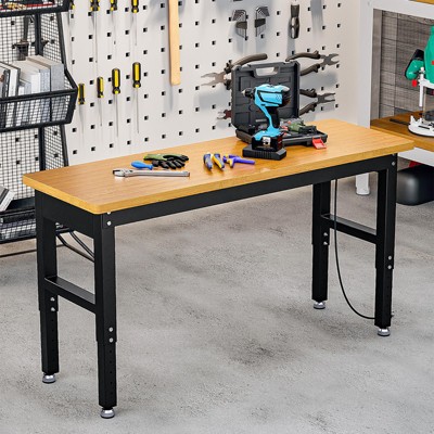 60 Inch Work Bench, 2200 LBS Capacity Solid Wood Top Garage Workbench, Adjust Height Work Table with Power Outlets & Sturdy Steel Frame