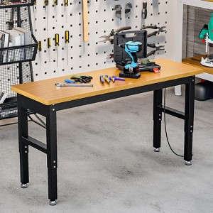 60 Inch Work Bench, 2200 LBS Capacity Solid Wood Top Garage Workbench, Adjust Height Work Table with Power Outlets & Sturdy Steel Frame - 1 of 4