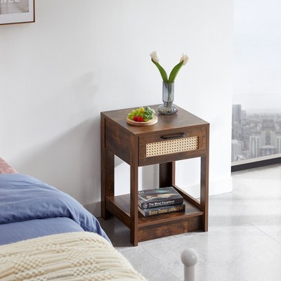 NicBex 16" Rattan Rustic End Table with Drawer, Modern Side Table Nightstand Outdoor/Indoor for Living Room Bedroom