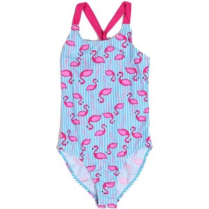Just Love Girls One Piece Bathing Suits Swimwear for Girl (Turquoise - Striped Flamingo, 4) - 1 of 2