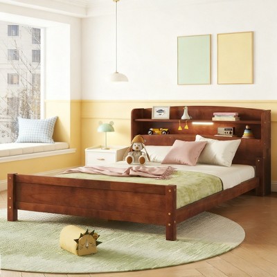 Luxystar Full Wood Bed with Bookcase Headboard ,LED Motion Sensor Light and Adjustable Guardrails