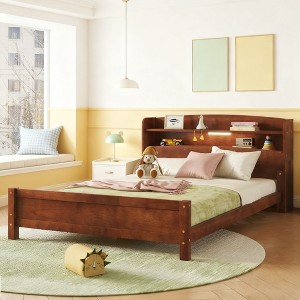 Luxystar Full Wood Bed with Bookcase Headboard ,LED Motion Sensor Light and Adjustable Guardrails - 1 of 4