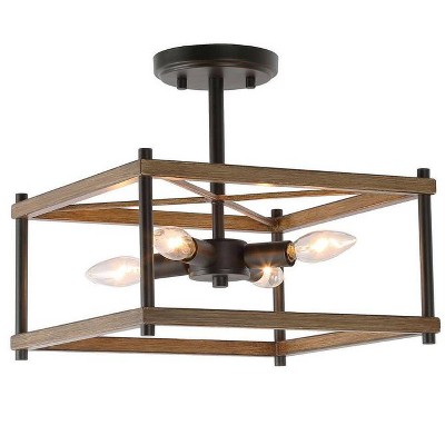 LNC Chet III 4-Lights 12.5-in Matte Black and Brown Wood Grain Farmhouse LED Semi-flush Mount Lights
