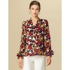Allegra K Women's Floral Tie V Neck Chiffon Ruffle Trumpet Sleeve Blouse - 2 of 4