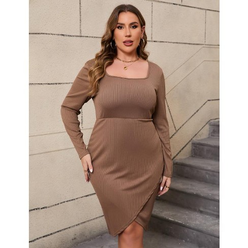 Missky Women s Plus Size Cocktail Dress Comfortable Long Sleeve Wedding Guest Square Neck Semi Formal Dress Brown 3x large Target