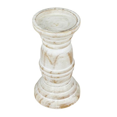 Coastal Charm 8" Worn White Wooden Pillar Candle Holder