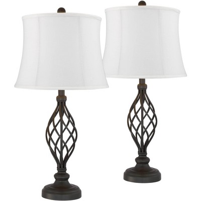 Franklin Iron Works Farmhouse Table Lamps Set of 2 Bronze Metal Open Scroll Cream Fabric Drum Shade Living Room Bedroom House