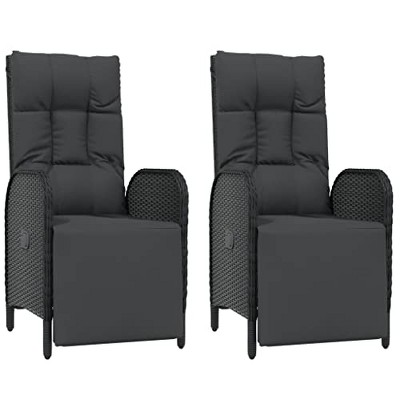vidaXL Black Poly Rattan Reclining Patio Chairs with Cushions and Adjustable Footrest and Backrest