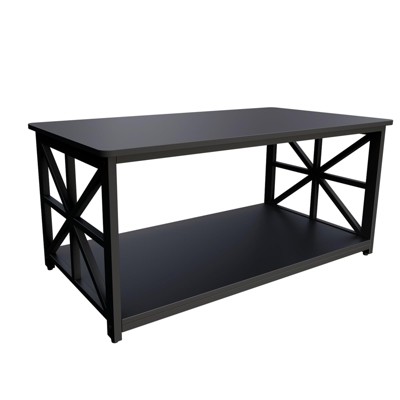 2-Tier Coffee Table for Small Spaces, X-Frame Living Room Low Coffee Table with Storage Shelf, Durable Rectangle Center Table