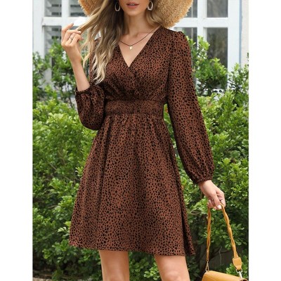 Women's Casual Long Sleeve Leopard Print Waist Wrap Dress