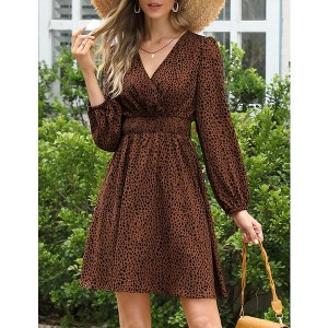 Women's Casual Long Sleeve Leopard Print Waist Wrap Dress - 1 of 4