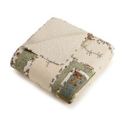 Olivia Green and Cream Cotton Queen Bedspread with Floral Embroidery