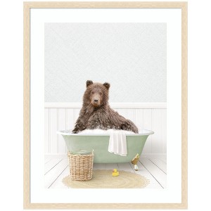 Kate and Laurel Bear in Cottage Green Bath by Amy Peterson Framed Wall Art Print, 27 x 34, Woodgrain Stripe Blonde - 1 of 4