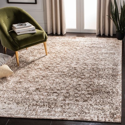 Elegant Ivory and Light Brown Hand-Knotted Wool-Viscose 6' x 9' Rug