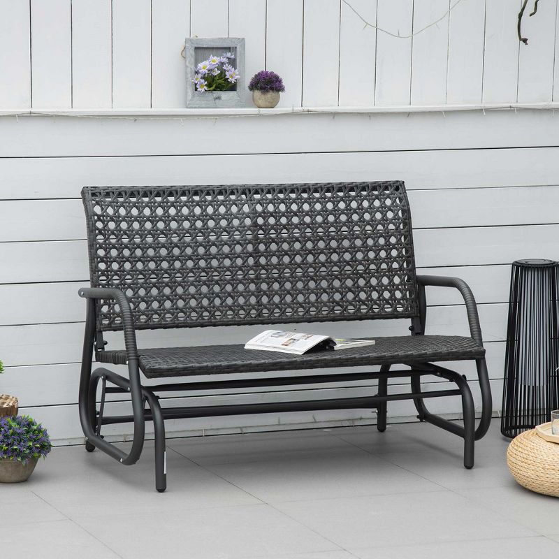 Outsunny 2-Person Outdoor Wicker Glider Bench Patio Garden PE Rattan Swing Loveseat Chair with Extra Wide Seat and Curved Backrest Dark Gray, 2 of 7