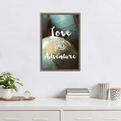 Love and Adventure Typography Canvas Wall Art with Distressed Greywash Frame