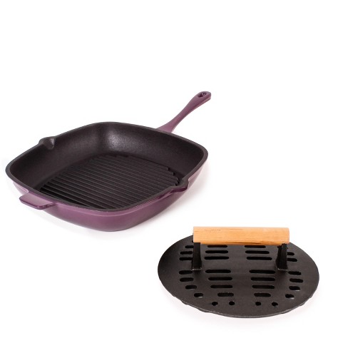 BergHOFF Neo 2pc Cast Iron Set: 11 Grill Pan & with Slotted Steak Press, Purple
