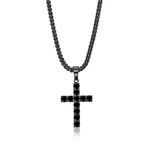 Metallo Stainless Steel, Round CZ Cross Necklace - Black Plated - Black - 24 Inch - 1 of 4