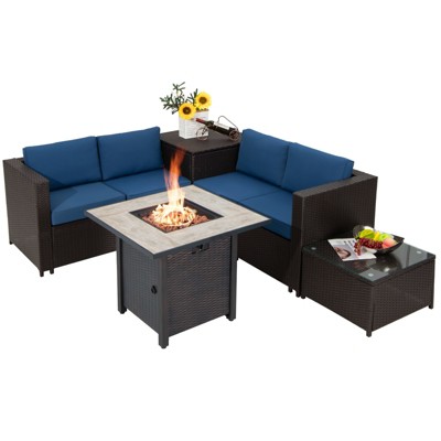 Tangkula 5-Piece Patio Furniture Set with 30 Inches Gas Fire Pit Table Outdoor PE Wicker Conversation Sectional Sofa Set with Cushions Navy
