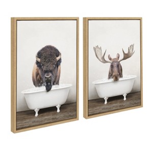 Kate and Laurel Sylvie Bison Rustic Bubble Bath and Moose Rustic Bubble Bath Framed Canvas by Amy Peterson Art Studio, 2 Piece 18x24, Natural - 1 of 4