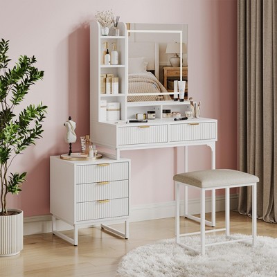Whizmax Makeup Vanity Desk with Mirror, Vanity Table with 5 Drawers, Vanity Set with Stool and Removable Side Storage Cabinet for Bedroom