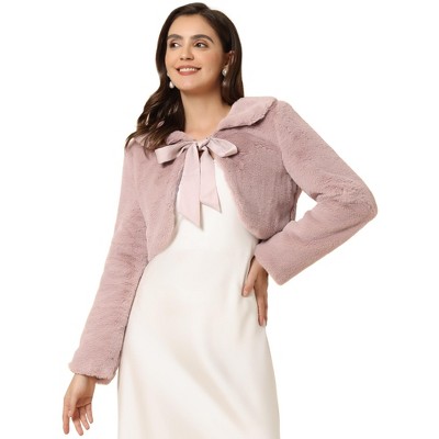 INSPIRE CHIC Women's Evening Bow Tie Front Turndown Collar Faux Fur Fluffy Cropped Coat