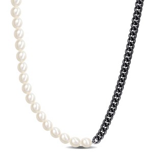 EVERLY JEWELRY |Mens Black Silver  7-7.5mm Cultured Freshwater Rice Pearl and Curb-Link Chain Necklace - 20+2in - 1 of 3