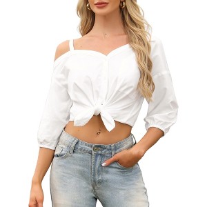 INSPIRE CHIC Women's Asymmetrical Sweetheart Neck Off One Shoulder 3/4 Sleeve Office Blouses - 1 of 4