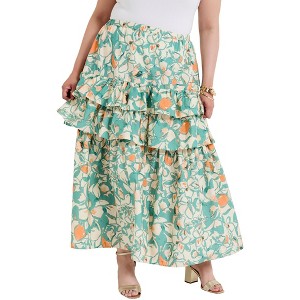 June + Vie by Roaman's Women's Plus Size Poplin Tiered Midi Skirt - 1 of 4