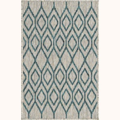 Gray and Teal Geometric Synthetic Outdoor Rug, 4' x 6'