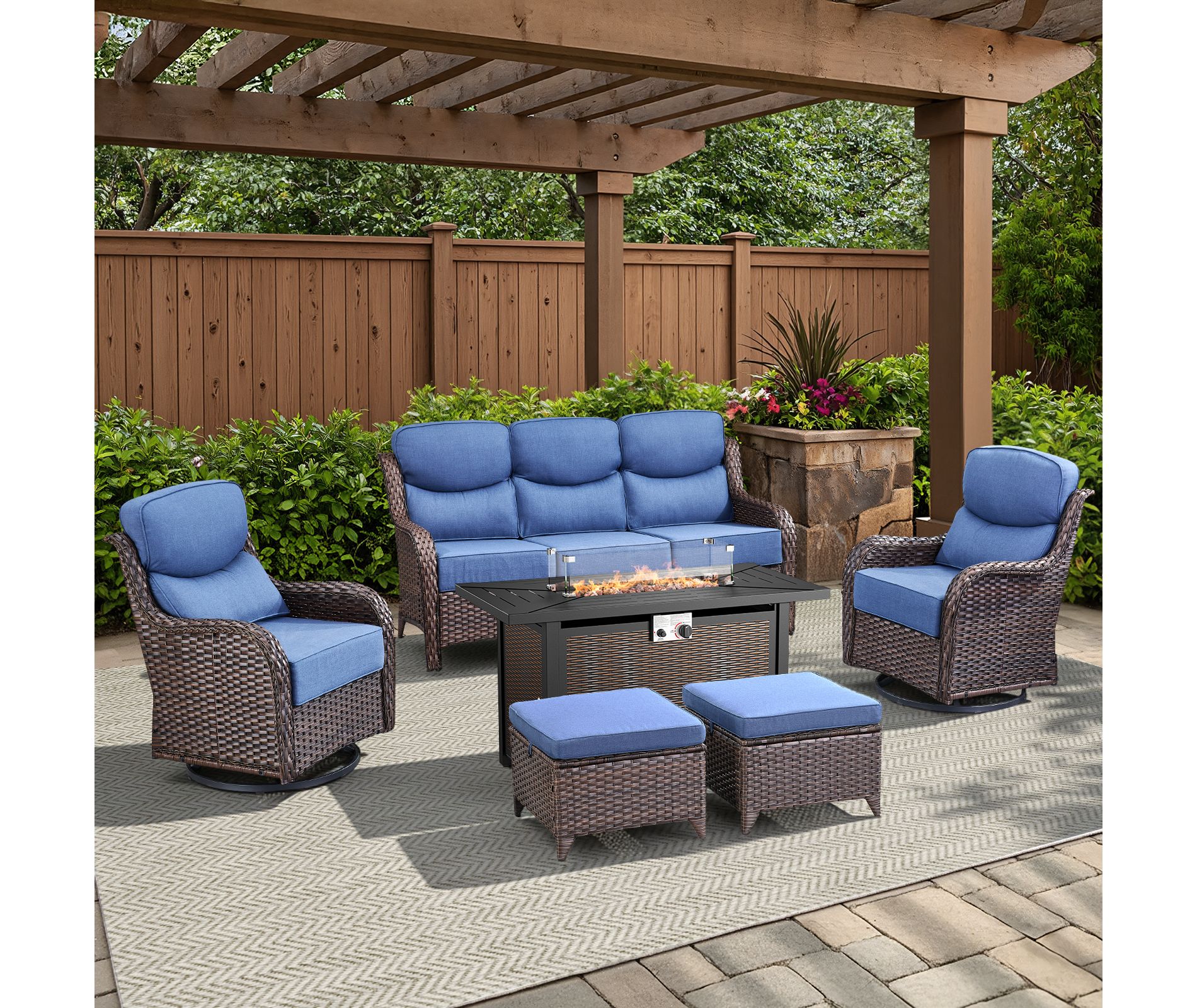 Belord All Weather Wicker Patio Furniture Set 6 Pieces, 6-INCH Extra Thick Cushion Outdoor Patio Firepit Set with Patio Sofa Swivel Chair and Ottoman