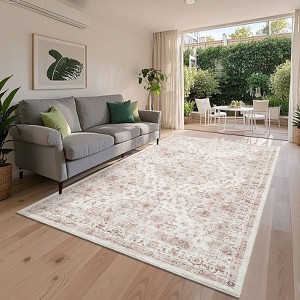 Washable Vintage  Medallion Rug Non Slip Low Pile Rug Soft RetroThrow Floor Cover Foldable Indoor Carpet for Living Room Bedroom Playroom Nursery - 1 of 4